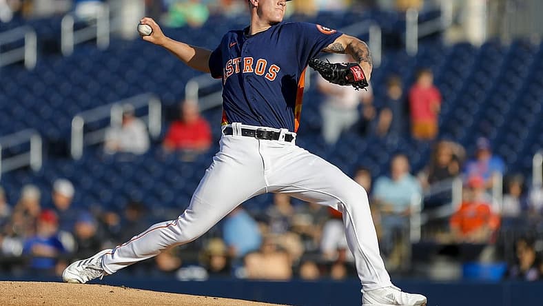 Mar 25, 2022; West Palm Beach, Florida, USA; Houston Astros starting pitcher Hunter Brown (68) delivers a pitch in the first inning of the game against the New York Mets during spring training at The Ballpark of the Palm Beaches. Mandatory Credit: Sam Navarro-USA TODAY Sports