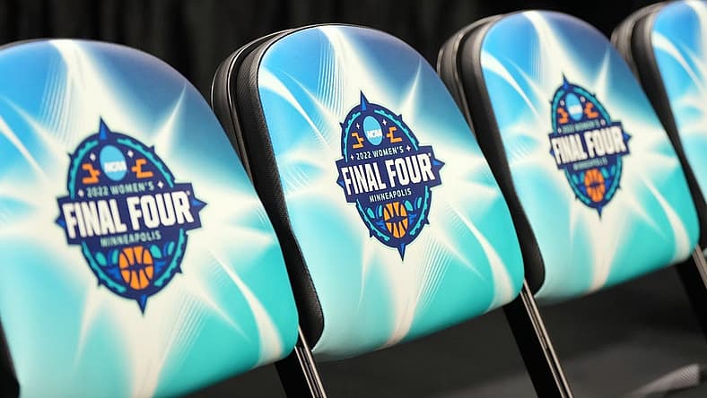 Apr 3, 2022; Minneapolis, MN, USA; The NCAA Final Four logo on seat cushions on the team benches before the championship game between the UConn Huskies and the South Carolina Gamecocks at Target Center. Mandatory Credit: Kirby Lee-USA TODAY Sports