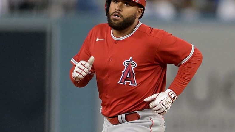 Apr 4, 2022; Los Angeles, California, USA; Los Angeles Angels third baseman Jose Rojas (18) rounds the bases after hitting a two run home run in the sixth inning against the Los Angeles Dodgers at Dodger Stadium. Mandatory Credit: Jayne Kamin-Oncea-USA TODAY Sports
