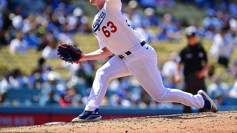 May 18, 2022; Los Angeles, California, USA; Los Angeles Dodgers relief pitcher Justin Bruihl (63) throws against the Arizona Diamondbacks during the sixth inning at Dodger Stadium. Mandatory Credit: Gary A. Vasquez-USA TODAY Sports