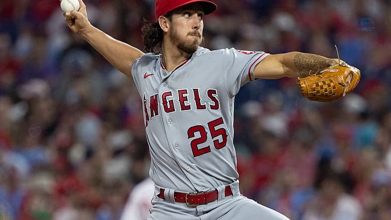 Jun 4, 2022; Philadelphia, Pennsylvania, USA; Los Angeles Angels pitcher Michael Lorenzen (25) throws a pitch during the fourth inning against the Philadelphia Phillies at Citizens Bank Park. Mandatory Credit: Bill Streicher-USA TODAY Sports