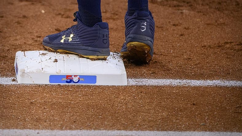 Jun 5, 2022; Arlington, Texas, USA; A view of the first base and the Rangers 50 year logo during the game between the Texas Rangers and the Seattle Mariners at Globe Life Field. Mandatory Credit: Jerome Miron-USA TODAY Sports