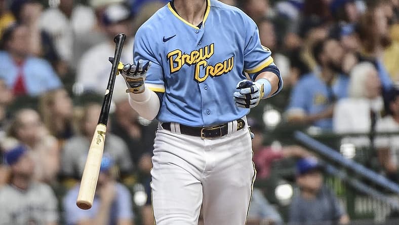Jun 25, 2022; Milwaukee, Wisconsin, USA; Milwaukee Brewers third baseman Mike Brosseau (20) watches after hitting a solo home run in the third inning during game against the Toronto Blue Jays at American Family Field. Mandatory Credit: Benny Sieu-USA TODAY Sports