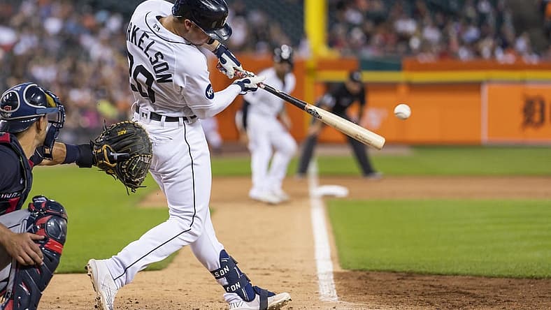 Jul 5, 2022; Detroit, Michigan, USA; Detroit Tigers first baseman Spencer Torkelson (20) grounds into a fielder's choice and gets an RBI during the sixth inning against the Cleveland Guardians at Comerica Park. Mandatory Credit: Raj Mehta-USA TODAY Sports