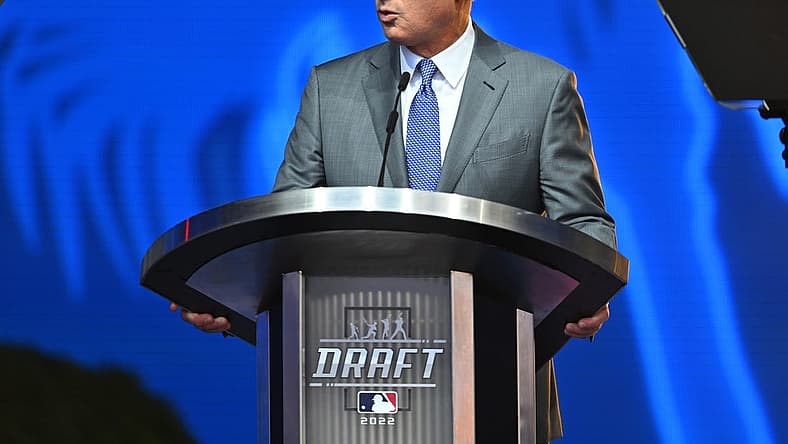 Jul 17, 2022; Los Angeles, CA, USA; Rob Manfred, commissioner of Major League Baseball, speaks at the MLB draft at XBox Plaza at LA Live. Mandatory Credit: Jayne Kamin-Oncea-USA TODAY Sports