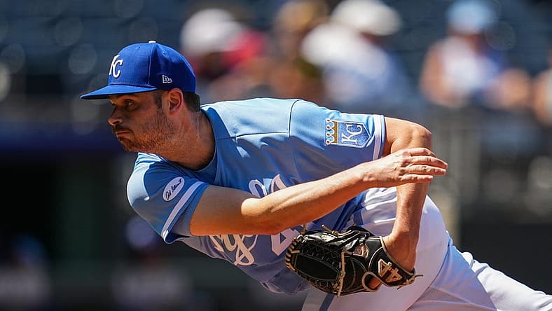Jul 13, 2022; Kansas City, Missouri, USA; Kansas City Royals relief pitcher Wyatt Mills (41) pitches against the Detroit Tigers during the seventh inning at Kauffman Stadium. Mandatory Credit: Jay Biggerstaff-USA TODAY Sports