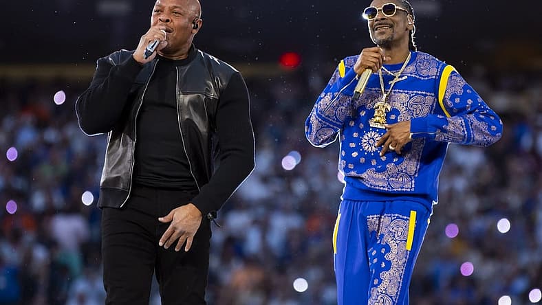 Feb 13, 2022; Inglewood, CA, USA; Dr. Dre and Snoop Dogg perform during the halftime show for Super Bowl LVI between the Los Angeles Rams and the Cincinnati Bengals at SoFi Stadium. Mandatory Credit: Mark J. Rebilas-USA TODAY Sports