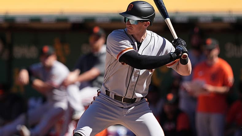 Aug 7, 2022; Oakland, California, USA; San Francisco Giants center fielder Bryce Johnson (58) bats during the ninth inning against the Oakland Athletics at RingCentral Coliseum. Mandatory Credit: Darren Yamashita-USA TODAY Sports