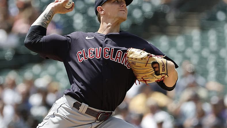 Aug 11, 2022; Detroit, Michigan, USA;  Cleveland Guardians starting pitcher Zach Plesac (34) pitches in the first inning against the Detroit Tigers at Comerica Park. Mandatory Credit: Rick Osentoski-USA TODAY Sports