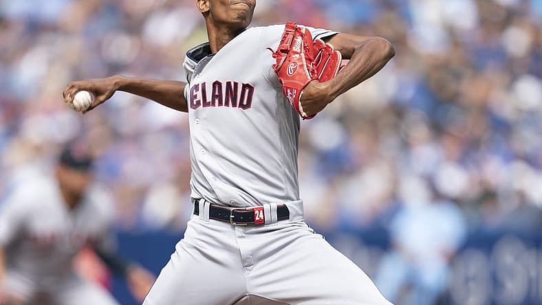 Aug 13, 2022; Toronto, Ontario, CAN; Cleveland Guardians starting pitcher Triston McKenzie (24) throws a pitch against the Toronto Blue Jays during the first inning at Rogers Centre. Mandatory Credit: Nick Turchiaro-USA TODAY Sports
