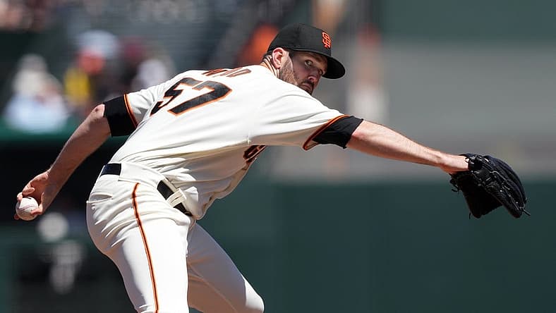 Aug 14, 2022; San Francisco, California, USA; San Francisco Giants starting pitcher Alex Wood (57) throws a pitch against the Pittsburgh Pirates during the fourth inning at Oracle Park. Mandatory Credit: Darren Yamashita-USA TODAY Sports