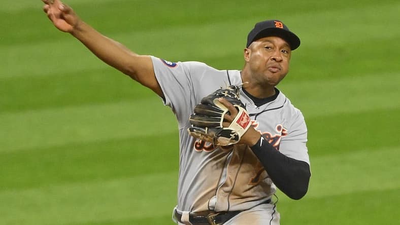 Aug 16, 2022; Cleveland, Ohio, USA; Detroit Tigers second baseman Jonathan Schoop (7) throws to first base in the seventh inning against the Cleveland Guardians at Progressive Field. Mandatory Credit: David Richard-USA TODAY Sports