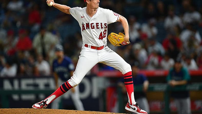 Aug 16, 2022; Anaheim, California, USA; Los Angeles Angels relief pitcher Jimmy Herget (46) throws against the Seattle Mariners during the sixth inning at Angel Stadium. Mandatory Credit: Gary A. Vasquez-USA TODAY Sports
