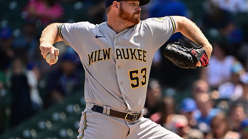 Aug 21, 2022; Chicago, Illinois, USA; Milwaukee Brewers starting pitcher Brandon Woodruff (53) delivers the baseball in the first inning against the Chicago Cubs at Wrigley Field. Mandatory Credit: Quinn Harris-USA TODAY Sports