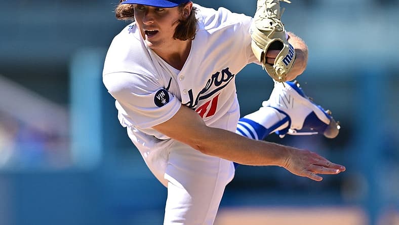 Aug 21, 2022; Los Angeles, California, USA;  Los Angeles Dodgers starting pitcher Ryan Pepiot (47) throws to the plate in the fourth inning against the Miami Marlins at Dodger Stadium. Mandatory Credit: Jayne Kamin-Oncea-USA TODAY Sports