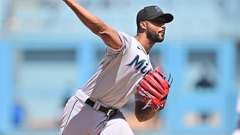 Aug 21, 2022; Los Angeles, California, USA; Miami Marlins starting pitcher Sandy Alcantara (22) throws to the plate in the fourth inning against the Los Angeles Dodgers at Dodger Stadium. Mandatory Credit: Jayne Kamin-Oncea-USA TODAY Sports