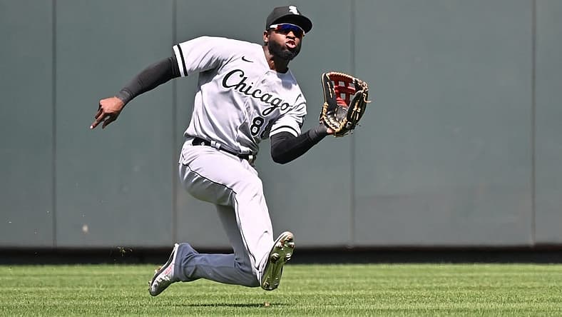 Aug 22, 2022; Kansas City, Missouri, USA; Chicago White Sox center fielder Luis Robert (88) makes a sliding catch during the third inning against the Kansas City Royals at Kauffman Stadium. Mandatory Credit: Peter Aiken-USA TODAY Sports