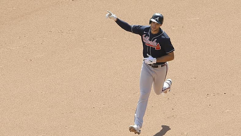 Aug 24, 2022; Pittsburgh, Pennsylvania, USA; Atlanta Braves first baseman Matt Olson (28) circles the bases on a grand slam home run against the Pittsburgh Pirates during the eighth inning at PNC Park. Atlanta won 14-2. Mandatory Credit: Charles LeClaire-USA TODAY Sports