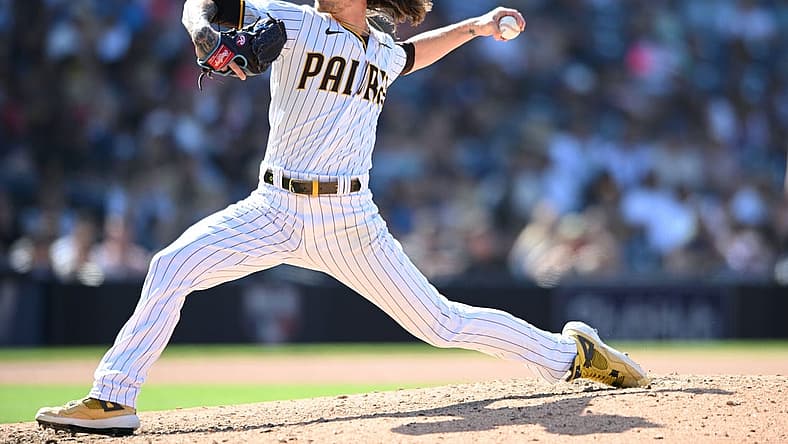 Aug 24, 2022; San Diego, California, USA; San Diego Padres relief pitcher Josh Hader (71) throws a pitch against the Cleveland Guardians during the eighth inning at Petco Park. Mandatory Credit: Orlando Ramirez-USA TODAY Sports