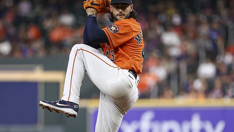 Aug 26, 2022; Houston, Texas, USA; Houston Astros starting pitcher Lance McCullers Jr. (43) delivers a pitch during the second inning against the Baltimore Orioles at Minute Maid Park. Mandatory Credit: Troy Taormina-USA TODAY Sports
