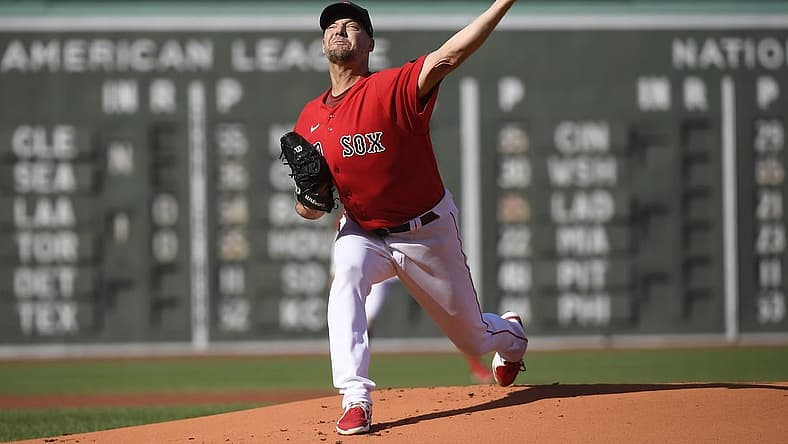 Aug 27, 2022; Boston, Massachusetts, USA; Boston Red Sox starting pitcher Rich Hill (44) pitches during the first inning against the Tampa Bay Rays at Fenway Park. Mandatory Credit: Bob DeChiara-USA TODAY Sports