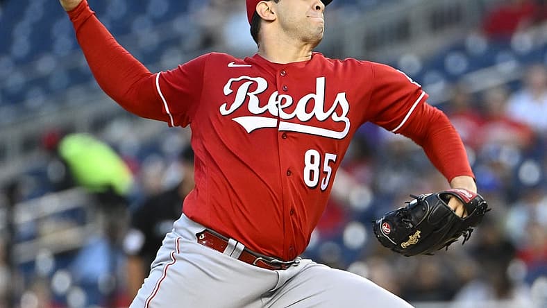 Aug 27, 2022; Washington, District of Columbia, USA; Cincinnati Reds pitcher Luis Cessa (85) throws to the Washington Nationals during the first inning at Nationals Park. Mandatory Credit: Brad Mills-USA TODAY Sports