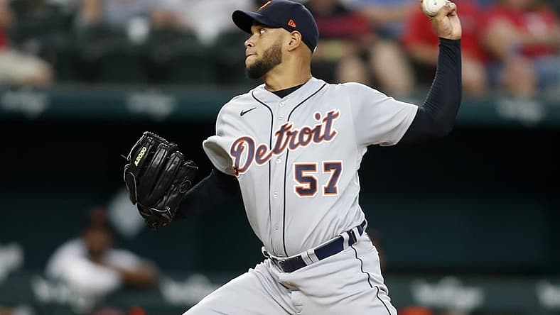 Aug 27, 2022; Arlington, Texas, USA; Detroit Tigers starting pitcher Eduardo Rodriguez (57) pitches against the Texas Rangers in the first inning at Globe Life Field. Mandatory Credit: Tim Heitman-USA TODAY Sports
