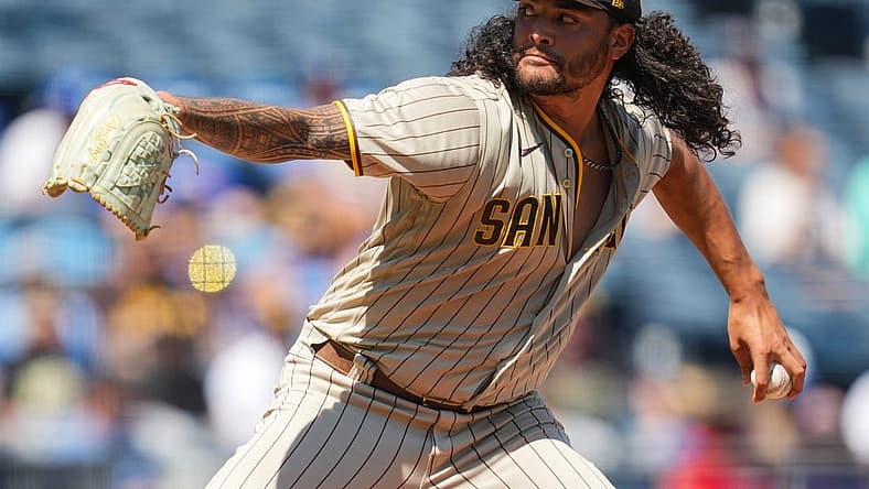 Aug 28, 2022; Kansas City, Missouri, USA; San Diego Padres starting pitcher Sean Manaea (55) pitches against the Kansas City Royals during the first inning at Kauffman Stadium. Mandatory Credit: Jay Biggerstaff-USA TODAY Sports