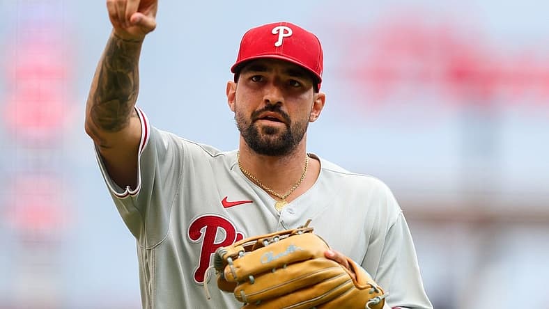 Aug 16, 2022; Cincinnati, Ohio, USA; Philadelphia Phillies right fielder Nick Castellanos (8) points to fans while running off the field at the end of the first inning in the game against the Cincinnati Reds at Great American Ball Park. Mandatory Credit: Katie Stratman-USA TODAY Sports