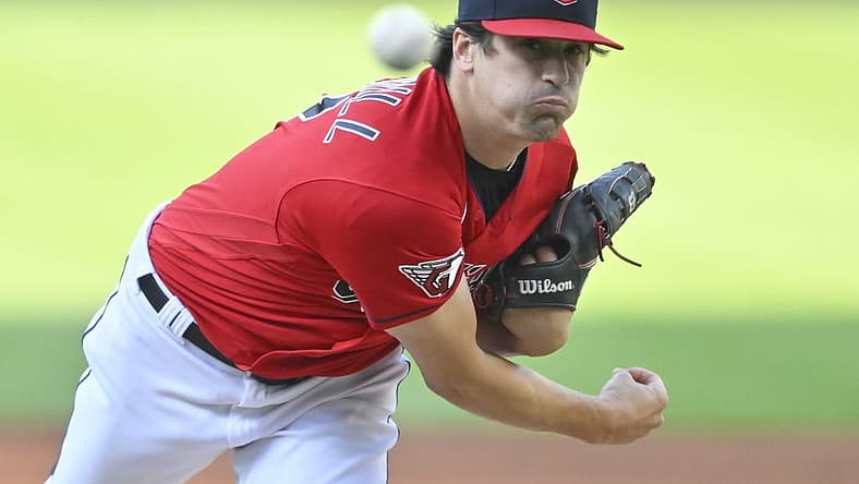 Aug 30, 2022; Cleveland, Ohio, USA; Cleveland Guardians starting pitcher Cal Quantrill (47) throws a pitch in the first inning against the Baltimore Orioles at Progressive Field. Mandatory Credit: David Richard-USA TODAY Sports