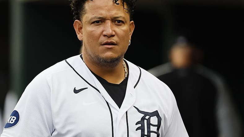 Aug 30, 2022; Detroit, Michigan, USA; Detroit Tigers designated hitter Miguel Cabrera (24) looks on from the dugout in the first inning against the Seattle Mariners at Comerica Park. Mandatory Credit: Rick Osentoski-USA TODAY Sports