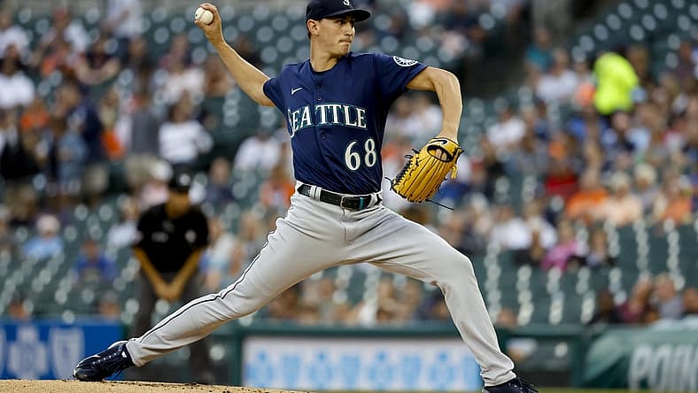 Aug 30, 2022; Detroit, Michigan, USA; Seattle Mariners starting pitcher George Kirby (68) throws a pitch in the first inning against the Detroit Tigers at Comerica Park. Mandatory Credit: Rick Osentoski-USA TODAY Sports