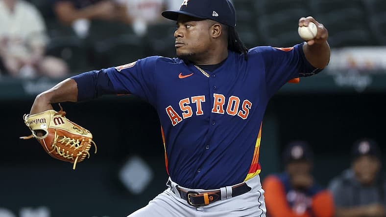 Aug 30, 2022; Arlington, Texas, USA; Houston Astros starting pitcher Framber Valdez (59) throws during the first inning against the Texas Rangers at Globe Life Field. Mandatory Credit: Kevin Jairaj-USA TODAY Sports