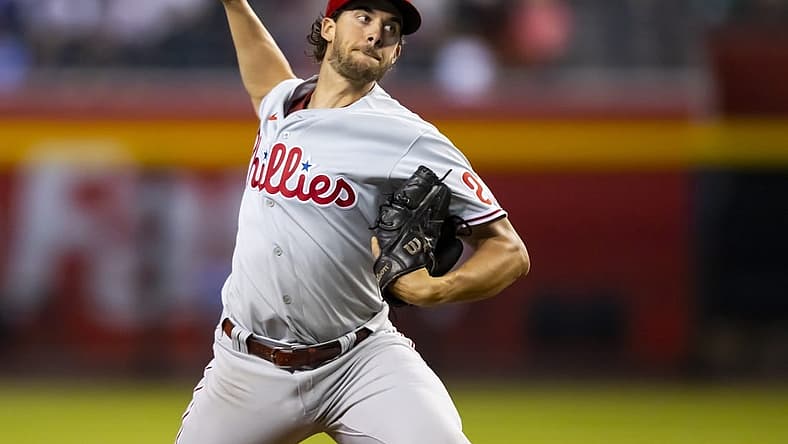 Aug 30, 2022; Phoenix, Arizona, USA; Philadelphia Phillies pitcher Aaron Nola throws in the first inning against the Arizona Diamondbacks at Chase Field. Mandatory Credit: Mark J. Rebilas-USA TODAY Sports