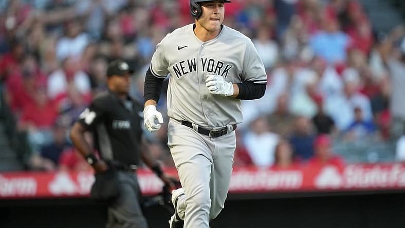 Aug 30, 2022; Anaheim, California, USA; New York Yankees first baseman Anthony Rizzo (48) rounds the bases after hitting a solo home run in the second inning against the Los Angeles Angels at Angel Stadium. Mandatory Credit: Kirby Lee-USA TODAY Sports