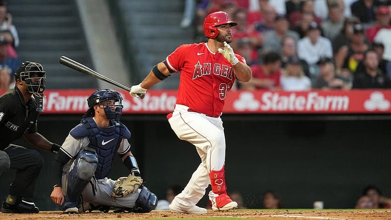 Aug 30, 2022; Anaheim, California, USA; Los Angeles Angels first baseman Mike Ford (36) follows through on a single in the second inning against the New York Yankees at Angel Stadium. Mandatory Credit: Kirby Lee-USA TODAY Sports