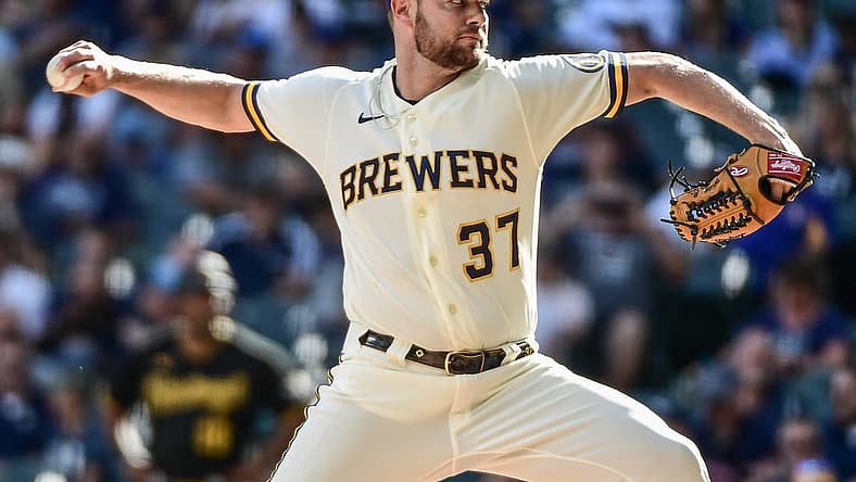 Aug 31, 2022; Milwaukee, Wisconsin, USA; Milwaukee Brewers pitcher Adrian Houser (37) throws a pitch in the eighth inning against the Pittsburgh Pirates at American Family Field. Mandatory Credit: Benny Sieu-USA TODAY Sports