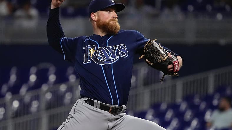Aug 31, 2022; Miami, Florida, USA; Tampa Bay Rays starting pitcher Drew Rasmussen (57) delivers a pitch in the first inning against the Miami Marlins at loanDepot park. Mandatory Credit: Jasen Vinlove-USA TODAY Sports