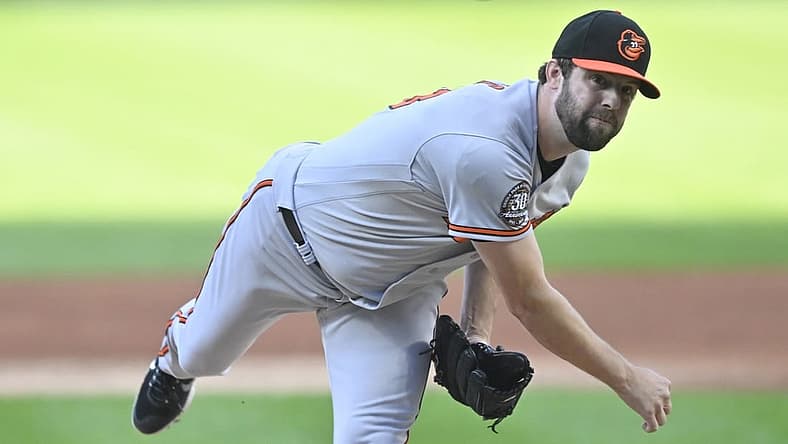 Aug 31, 2022; Cleveland, Ohio, USA; Baltimore Orioles starting pitcher Jordan Lyles (28) in the first inning against the Cleveland Guardians at Progressive Field. Mandatory Credit: David Richard-USA TODAY Sports