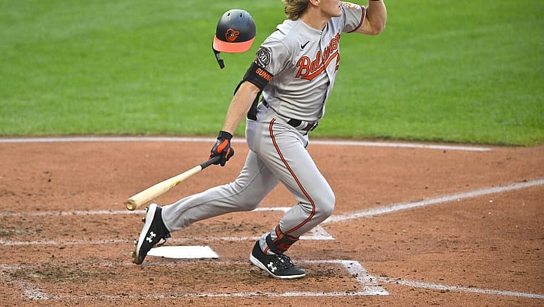 Aug 31, 2022; Cleveland, Ohio, USA; Baltimore Orioles third baseman Gunnar Henderson (2) hits a solo home run in the fourth inning against the Cleveland Guardians at Progressive Field. Mandatory Credit: David Richard-USA TODAY Sports