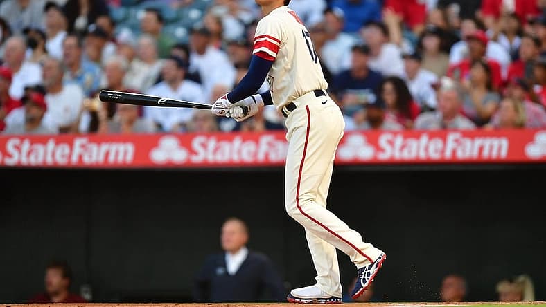 Aug 31, 2022; Anaheim, California, USA; Los Angeles Angels designated hitter Shohei Ohtani (17) at bat against the New York Yankees during the first inning  at Angel Stadium. Mandatory Credit: Gary A. Vasquez-USA TODAY Sports