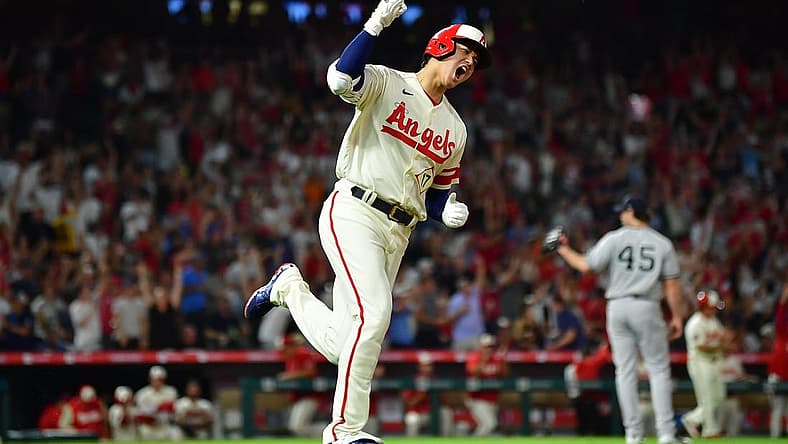 Aug 31, 2022; Anaheim, California, USA; Los Angeles Angels designated hitter Shohei Ohtani (17) reacts after hitting a three run home run against the New York Yankees during the sixth inning at Angel Stadium. Mandatory Credit: Gary A. Vasquez-USA TODAY Sports