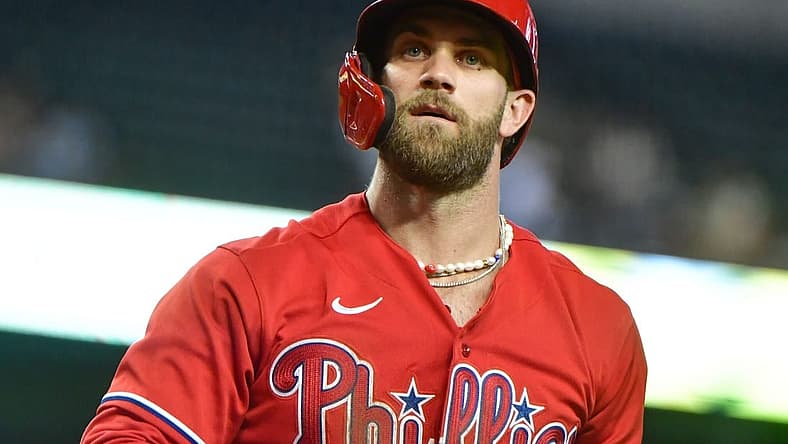 Aug 31, 2022; Phoenix, Arizona, USA;  Philadelphia Phillies right fielder Bryce Harper (3) looks on in the fifth inning against the Arizona Diamondbacks at Chase Field. Mandatory Credit: Matt Kartozian-USA TODAY Sports