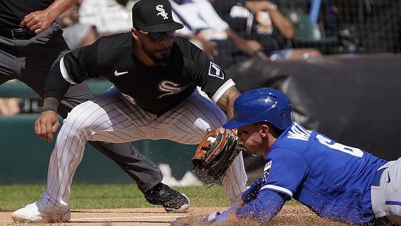 Sep 1, 2022; Chicago, Illinois, USA; Chicago White Sox third baseman Leury Garcia (28) tags out Kansas City Royals right fielder Drew Waters (6) at third base during the fifth inning at Guaranteed Rate Field. Mandatory Credit: David Banks-USA TODAY Sports
