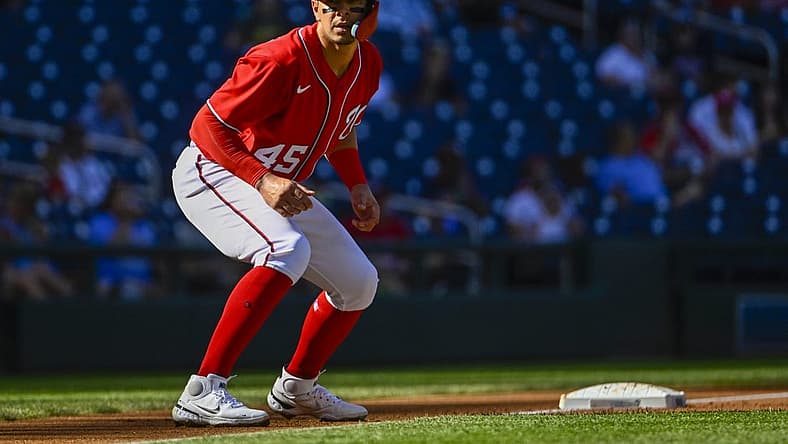 Sep 1, 2022; Washington, District of Columbia, USA; Washington Nationals right fielder Joey Meneses (45) prepares to run against the Oakland Athletics during the first inning at Nationals Park. Mandatory Credit: Brad Mills-USA TODAY Sports