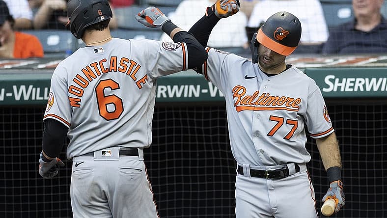 Sep 1, 2022; Cleveland, Ohio, USA; Baltimore Orioles left fielder Terrin Vavra (77) congratulates first baseman Ryan Mountcastle (6) for his solo home run during the fourth inning against the Cleveland Guardians at Progressive Field. Mandatory Credit: Scott Galvin-USA TODAY Sports