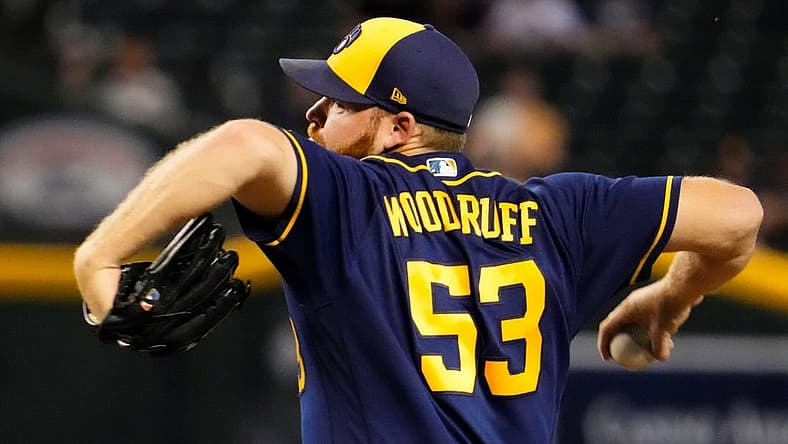 Sep 1, 2022; Phoenix, Arizona, USA; Milwaukee Brewers starting pitcher Brandon Woodruff (53) throws to the Arizona Diamondbacks in the first inning at Chase Field. Mandatory Credit: Rob Schumacher-Arizona Republic
Mlb Brewers At Diamondbacks