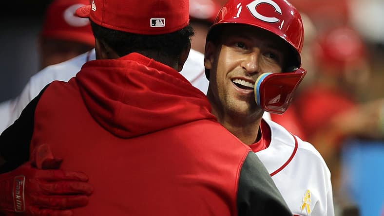 Sep 2, 2022; Cincinnati, Ohio, USA; Cincinnati Reds third baseman Spencer Steer celebrates in the dugout after hitting a solo home run, his first major league home run, against the Colorado Rockies during the fifth inning at Great American Ball Park. Mandatory Credit: David Kohl-USA TODAY Sports