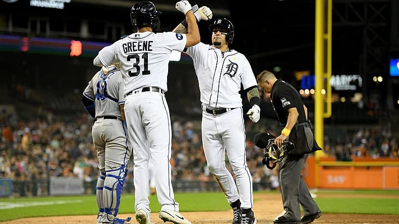 Sep 2, 2022; Detroit, Michigan, USA; Detroit Tigers shortstop Javier Baez (28) (right) celebrates with center fielder Riley Greene (31) after hitting a two-run home run against the Kansas City Royals in the fifth inning at Comerica Park. Mandatory Credit: Lon Horwedel-USA TODAY Sports