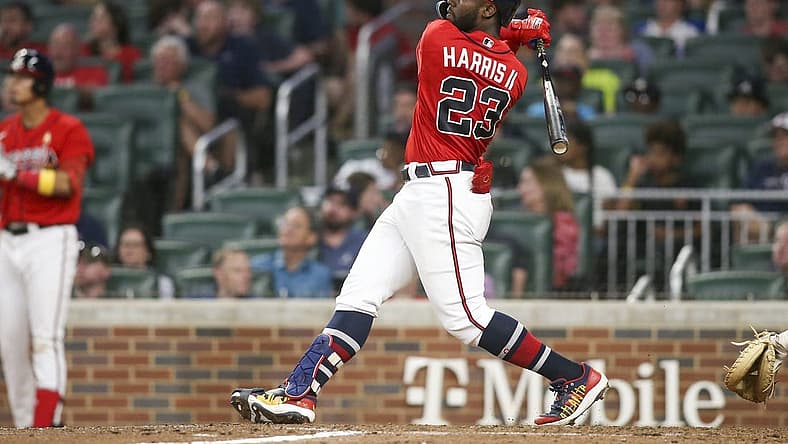 Sep 2, 2022; Atlanta, Georgia, USA; Atlanta Braves center fielder Michael Harris II (23) hits a two-run home run against the Miami Marlins in the sixth inning at Truist Park. Mandatory Credit: Brett Davis-USA TODAY Sports